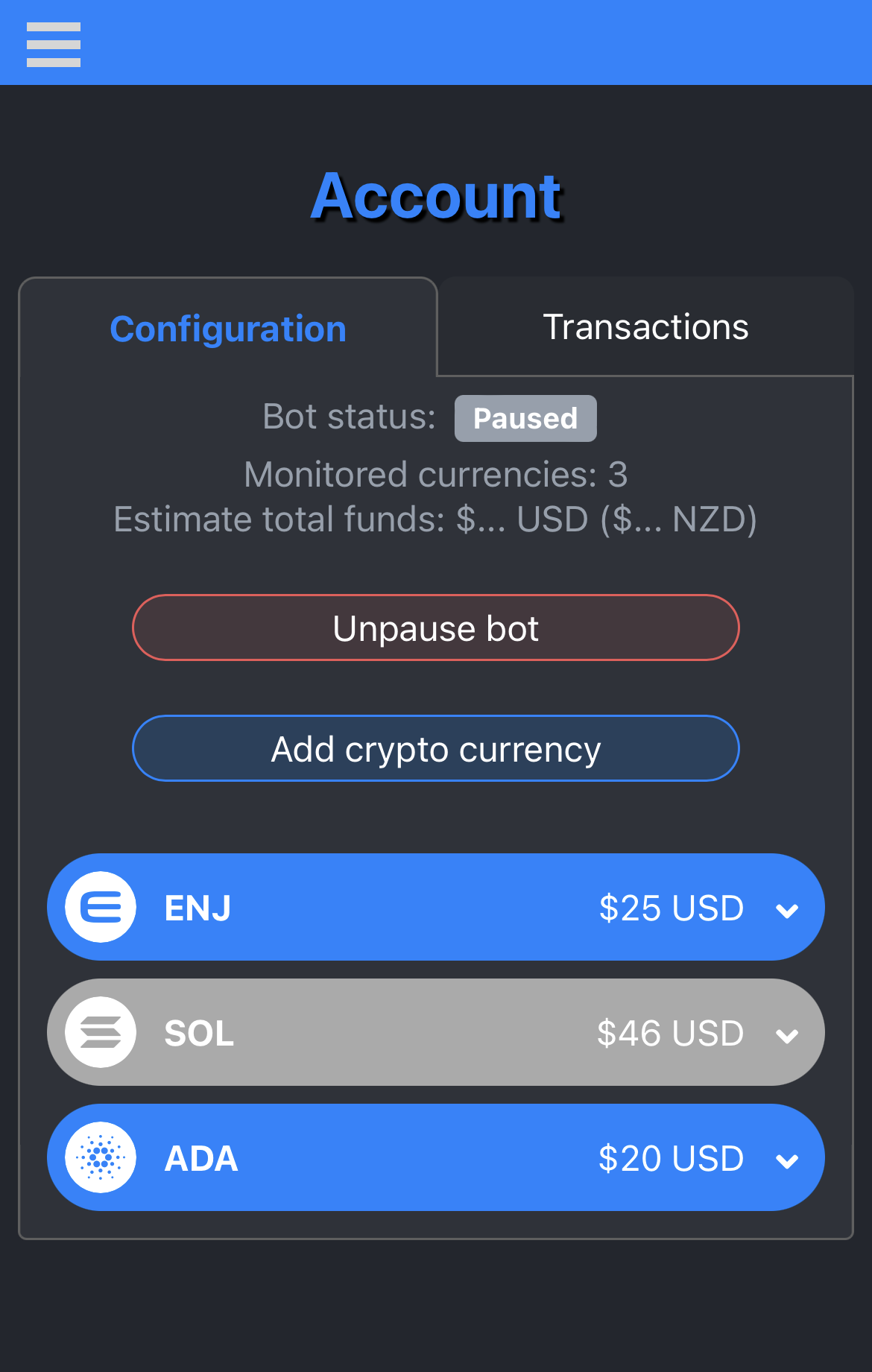 CryptoBot screenshot - configuration